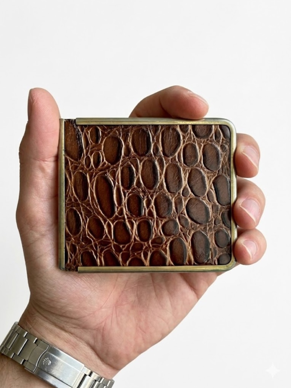 Vintage 70s Craftmen Clipper Brown Crocodile Embossed Wallet 24K Gold Plated